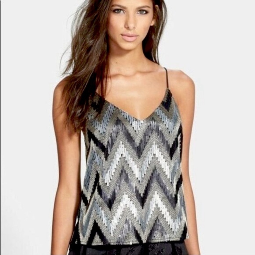 ASTR Chevron Zig Zag Pattern Sequin Spaghetti Strap Camisole Top Black Size M